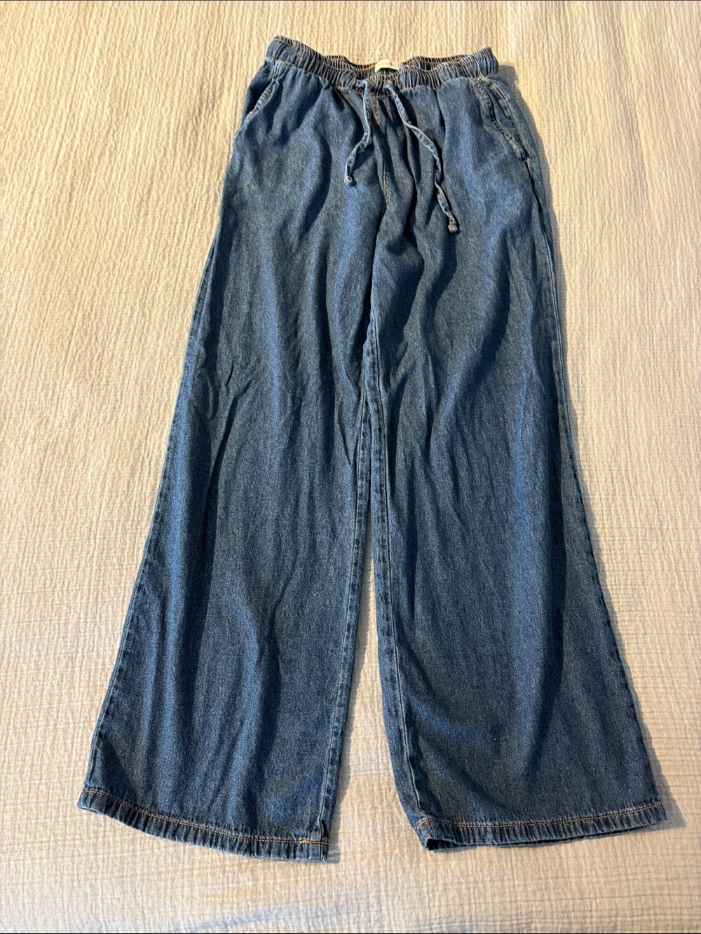 Active USA Wide Leg Drawstring Denim Pants in Blue